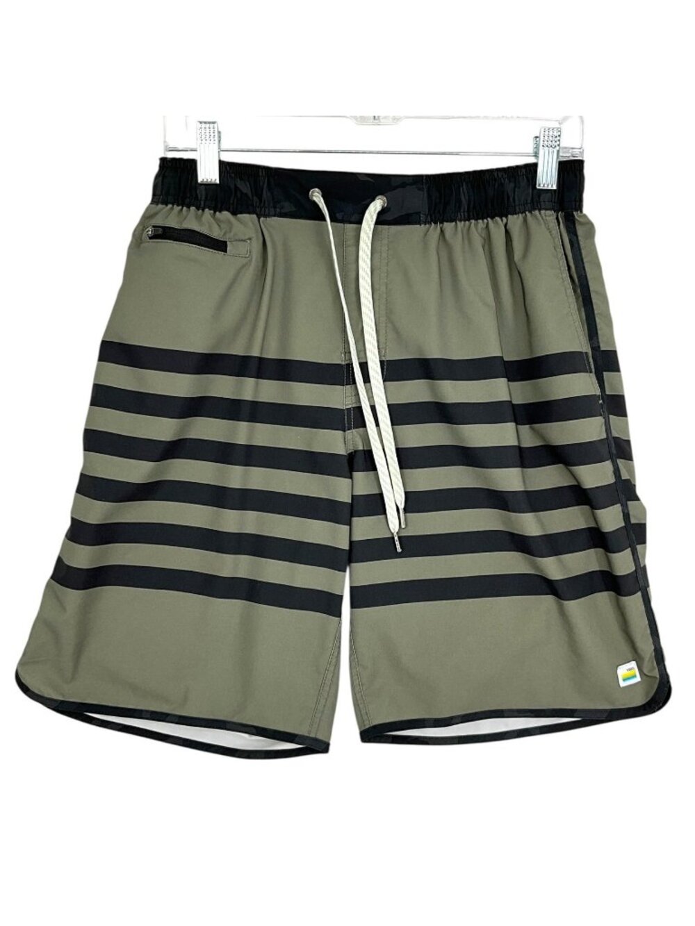 Vuori Banks Shorts Mens Medium Olive Green Striped Unlined Elastic Waist Pockets - Picture 1 of 10